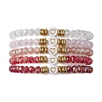 5Pcs Glass & Brass & Acrylic Beaded Stretch Bracelets Set, Heart Stackable Bracelets, FireBrick, Inner Diameter: 2-1/8 inch(5.4cm)(BJEW-JB09677-02)
