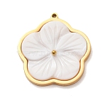Carved Natural White Shell 304 Stainless Steel Pendants, 5-Petal Flower Charms, Golden, Golden, 27x26x3mm, Hole: 1.3mm(SH-K002-01A-G)