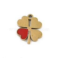 304 Stainless Steel Enamel Charms, Clover Charm, Real 18K Gold Plated, Ion Plating(IP), Red, 11x9x1.5mm, Hole: 1mm(STAS-I325-100B-G)