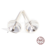 Rhodium Plated 925 Sterling Silver Stud Earring Findings, for Half Drill Beads, with S925 Stamp, Real Platinum Plated, 13x6mm, Inner Diameter: 5.6mm, Pin: 11x0.7mm(STER-Z005-05P)