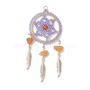 Natural Red Aventurine Chip & Dyed Agate & Glass Bead Big Pendants, Woven Web/Net with Alloy Feather Charms, Golden, Lilac, 67.5x30x7~9.5mm, Hole: 2.5mm(PALLOY-MZ00231-02)