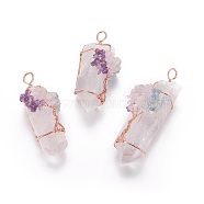 Natural Quartz Crystal Big Pendants, with Mixed Stone Chips and Brass Findings, Nuggets, Rose Gold, 58~105x22~35mm, Hole: 5~12mm(G-F594-01D)