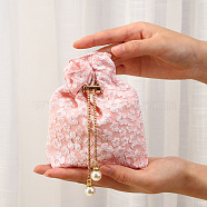 Fiber Embossed Flower Drawstring Candy Bags, with Chain, Wedding Candy Cloth Pouches, Square, Pink, 15x15cm(PW-WG61065-05)