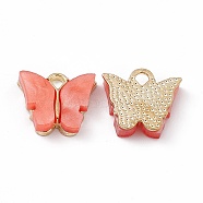 Acrylic Charms, with Light Gold Tone Alloy Finding, Butterfly Charm, Coral, 13x14x3mm, Hole: 2mm(MACR-C012-01KCG-14)