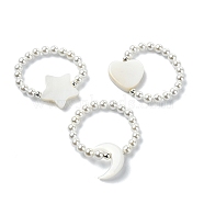 3Pcs 3 Style Natural Pearl & Shell Beaded Stretch Rings Set, Heart & Moon & Star Stackable Rings, WhiteSmoke, Inner Diameter: 19mm, 1Pc/style(RJEW-TA00100)