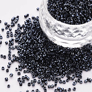 Plated Glass Cylinder Beads, Seed Beads, Metallic Colours, Round Hole, Prussian Blue, 1.5~2x1~2mm, Hole: 0.8mm, about 8000pcs/bag, about 1pound/bag(SEED-S047-E-006)