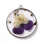 Transparent Clear Epoxy Resin Pendants, with Edge Platinum Plated Brass Loops and Gold Foil, Flat Round Charms with Inner Flower, Purple, 34x30x4mm, Hole: 2.6mm(RESI-L036-06G-02)