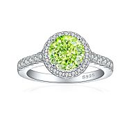 925 Sterling Silver Micro Pave Cubic Zirconia Plain Band Rings, Real Platinum Plated, Flat Round, Green Yellow, US Size 7(17.3mm)(RJEW-P103-01P-E)