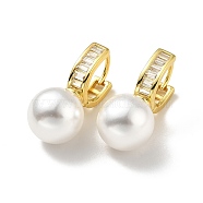 Plastic Pearl Dangle Stud Earrings with Clear Cubic Zirconia, Brass Hinged Earrings for Women, Lead Free & Cadmium Free & Nickel Free, Real 18K Gold Plated, 26mm, Pin: 1mm(EJEW-A070-18G)