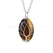 Natural Tiger Eye Oval Pendant Necklace with Platinum Alloy Chains, 20.87 inch(53cm)(PW-WG98341-02)