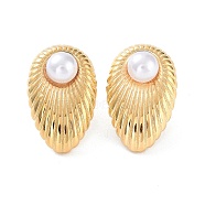 304 Stainless Steel Teardrop Stud Earrings, with ABS Plastic Pearl Beads, Real 14K Gold Plated, 24x15.5mm(EJEW-H115-33G)