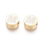 304 Stainless Steel Beads, Flat Round with Letter, Letter.M, 10x4.5mm, Hole: 2mm(STAS-I126-02G-M)