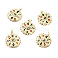 Brass Micro Pave Cubic Zirconia Pendants, with Jump Ring, Real 18K Gold Plated, Long-Lasting Plated, Lead Free & Cadmium Free & Nickel Free, Flat Round with Eye, Colorful, 25x23x2mm, Jump Ring: 5x1mm, 3mm Inner Diameter(KK-E015-16G)