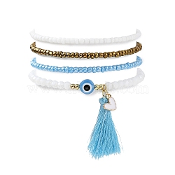 4Pcs 4 Style Glass Seed & Resin Evil Eye Beaded Stretch Bracelets Set, Alloy Enamel Heart & Tassel Charms Stackable Bracelets, Sky Blue, Inner Diameter: 2~2-1/8 inch(5.1~5.25cm), 1Pc/style(BJEW-JB09896-02)