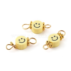 Handmade Polymer Clay Links Connectors, with Golden 304 Stainless Steel Loops, Flat Round with Smile, Yellow, 6x15x4mm, Hole: 2mm(PALLOY-JF00703)