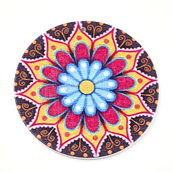 Printed Wooden Big Pendants, Dyed, Flat Round with Flower, Colorful, 60x2.5mm, Hole: 1.5mm(X-WOOD-S042-35)