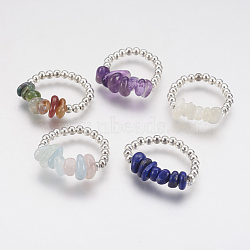 Natural Gemstone Chip Stretch Rings, with Brass Beads, Silver Color Plated, 18mm(RJEW-JR00208)