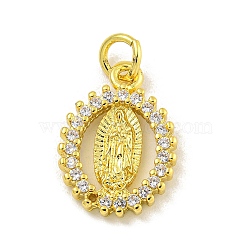 Virgin Mary Theme Rack Plating Brass Micro Pave Cubic Zirconia Pendants, Long-Lasting Plated, Real 18K Gold Plated, Lead Free & Cadmium Free, Oval with Virgin Mary, Clear, 16x11.5x2mm, Hole: 3mm(KK-C074-28G-01)