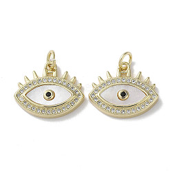 Brass Micro Pave Cubic Zirconia Pendants, with Shell, Eye, Real 18K Gold Plated, 15x18x3.5mm, Hole: 3mm(KK-G485-33B-G)