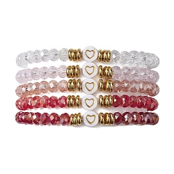 5Pcs Glass & Brass & Acrylic Beaded Stretch Bracelets Set, Heart Stackable Bracelets, FireBrick, Inner Diameter: 2-1/8 inch(5.4cm)(BJEW-JB09677-02)