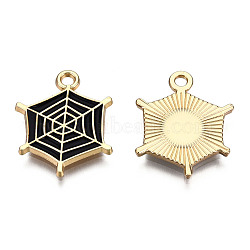 Light Gold Plated Alloy Pendants, with Enamel, Spider Web, Black, 20x16.5x1.5mm, Hole: 2mm(X-ENAM-T009-14A)