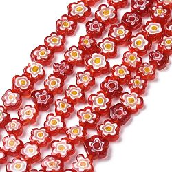 Handmade Millefiori Glass Bead Strands, Flower, Red, 10x2.6mm, Hole: 1mm, about 42pcs/strand, 15.75''(40cm)(LAMP-J035-10mm-51)
