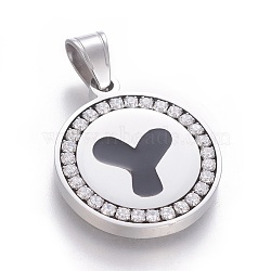 304 Stainless Steel Enamel Pendants, with Cubic Zirconia, Flat Round with Letter, Stainless Steel Color, Clear, Letter.Y, 29x25x3mm, Hole: 5.5x8.5mm(STAS-E439-90Y-P)
