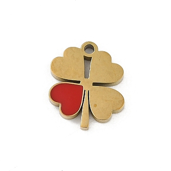 304 Stainless Steel Enamel Charms, Clover Charm, Real 18K Gold Plated, Ion Plating(IP), Red, 11x9x1.5mm, Hole: 1mm