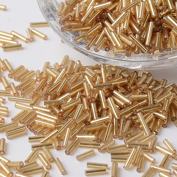 Silver Lined Glass Bugle Beads, Round Hole, Dark Goldenrod, 6~7x1.5~2mm, Hole: 0.5mm, about 12500pcs/bag