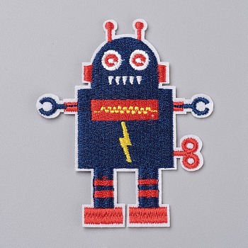 Computerized Embroidery Cloth Iron on/Sew on Patches, Costume Accessories, Appliques, for Backpacks, Clothes, Robot, Prussian Blue, 77x64x1.5mm