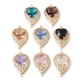Brass K9 Glass Connector Charms, Light Gold Tone Teardrop Links, Mixed Color, 28x17x8mm, Hole: 1.4mm