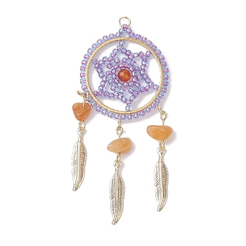 Natural Red Aventurine Chip & Dyed Agate & Glass Bead Big Pendants, Woven Web/Net with Alloy Feather Charms, Golden, Lilac, 67.5x30x7~9.5mm, Hole: 2.5mm