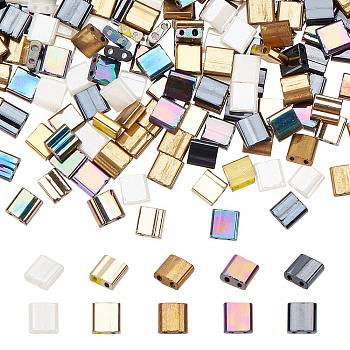 500Pcs 5 Style 2-Hole Opaque/Electroplate Glass Seed Beads, Lustered, Rectangle, Mixed Color, 5x4.5~5.5x2~2.5mm, Hole: 0.5~0.8mm, 100pcs/style