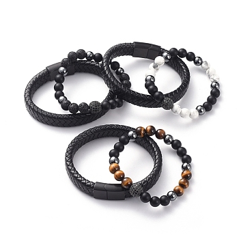 Unisex Stackable Bracelets Sets, Natural Gemstone & Agate Beads, Brass Cubic Zirconia Beads, Non-Magnetic Synthetic Hematite Beads, Leather Cord, 304 Stainless Steel Magnetic Clasps and Cardboard Box, 2-1/8 inch(5.5cm), 8-1/4 inch(21cm), 2pcs/set