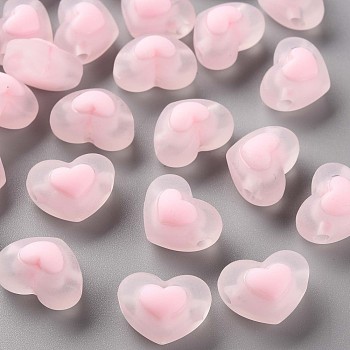 Transparent Acrylic Beads, Frosted, Bead in Bead, Heart, Pink, 13x17x9.5mm, Hole: 2.5mm, about 420pcs/500g