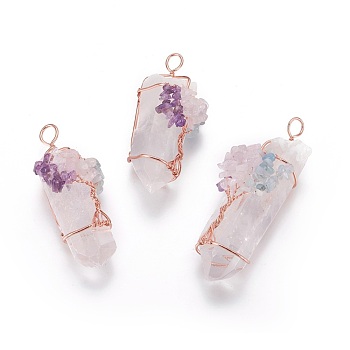 Natural Quartz Crystal Big Pendants, with Mixed Stone Chips and Brass Findings, Nuggets, Rose Gold, 58~105x22~35mm, Hole: 5~12mm