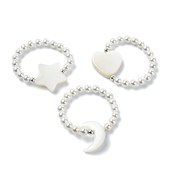 3Pcs 3 Style Natural Pearl & Shell Beaded Stretch Rings Set, Heart & Moon & Star Stackable Rings, WhiteSmoke, Inner Diameter: 19mm, 1Pc/style