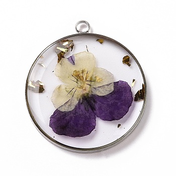 Transparent Clear Epoxy Resin Pendants, with Edge Platinum Plated Brass Loops and Gold Foil, Flat Round Charms with Inner Flower, Purple, 34x30x4mm, Hole: 2.6mm