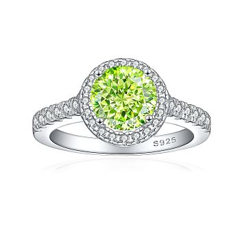 925 Sterling Silver Micro Pave Cubic Zirconia Plain Band Rings, Real Platinum Plated, Flat Round, Green Yellow, US Size 7(17.3mm)