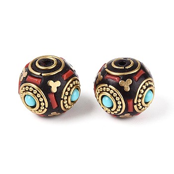 Handmade Indonesia Beads, Rondelle, with Resin & Unplated Brass, Crimson, 18.5~19x16~16.5mm, Hole: 1.6~1.8mm
