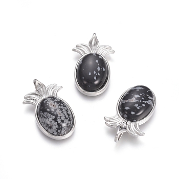 Natural Snowflake Obsidian Pendants, with Platinum Tone Brass Findings, Pineapple, 29x17.5x7mm, Hole: 4.5x3.5mm