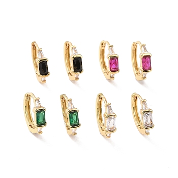Cubic Zirconia Rectangle Hoop Earrings, Real 18K Gold Plated Brass Jewelry for Women, Cadmium Free & Nickel Free & Lead Free, Mixed Color, 13x14.5x4mm, Pin: 0.8mm