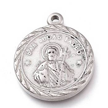 304 Stainless Steel Pendants, Flat Round with Saint Paul the Apostle, Stainless Steel Color, 23x19.5x3mm, Hole: 1.5mm