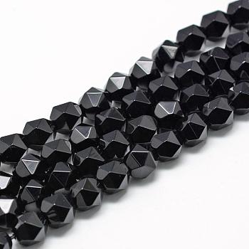 Natural Black Onyx Beads Strands, Star Cut Round Beads, Faceted, 8~10x7~8mm, Hole: 1mm, about 48pcs/strand, 15.3 inch