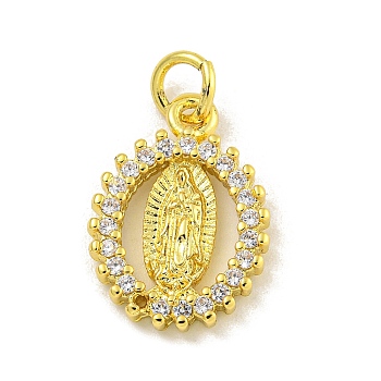 Virgin Mary Theme Rack Plating Brass Micro Pave Cubic Zirconia Pendants, Long-Lasting Plated, Real 18K Gold Plated, Lead Free & Cadmium Free, Oval with Virgin Mary, Clear, 16x11.5x2mm, Hole: 3mm