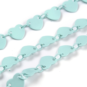3.28 Feet Spray Painted Brass Link Chains, Soldered, Heart, Pale Turquoise, Heart: 6x6.5x0.4mm, Link: 4x3x0.5mm