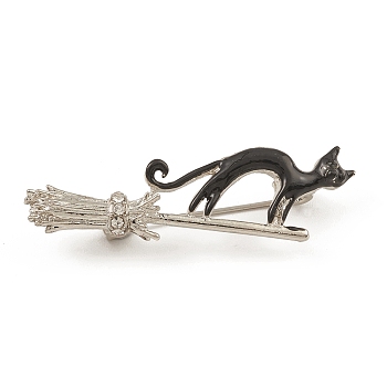 Alloy Rhinestone Brooch Pin, Enamel Cat with Broom, Platinum, 19x50.5x10.5mm