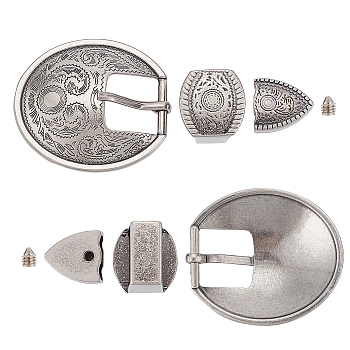 Belt Alloy Buckle Sets, include Roller Buckle, Rectangle Silder Charm, Triangle Zipper Stopper, Antique Silver, Buckle: 43x37x7.5mm