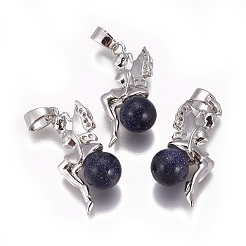 Synthetic Blue Goldstone Pendants, with Platinum Tone Brass Findings, Fairy, 25~26x12~13x8mm, Hole: 3.5x5.5mm