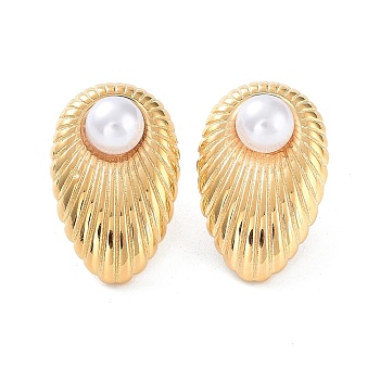 304 Stainless Steel Teardrop Stud Earrings, with ABS Plastic Pearl Beads, Real 14K Gold Plated, 24x15.5mm